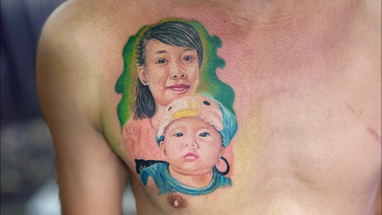 Hình xăm chân dung vợ và con, tattoo chân dung sài gòn gò vấp, Tattoo Long Tâm - YouTube