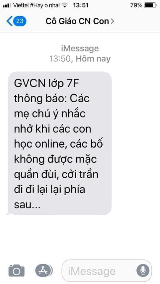 Dòng tin nhắn của GVCN khiến dân tình cười ngất: "Khi con học online, các bố không được mặc quần đùi, cởi trần đi đi lại lại phía sau..."